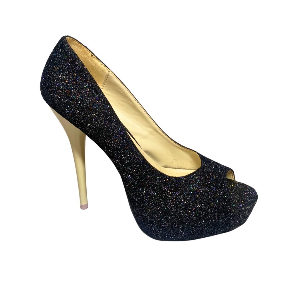 FRH Farenheight Black Sparkly Platform Stiletto Cream Heels Size 8